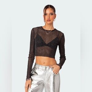 Edikted Marly Sheer Shimmer Sequin Long Sleeve Top Small Gothic Crop Fishnet